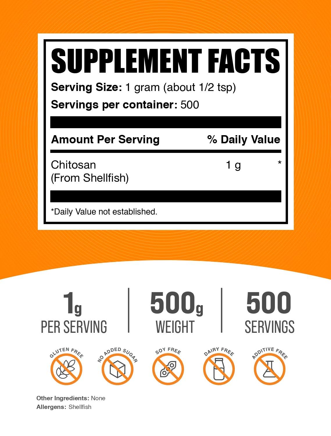 BulkSupplements.com Chitosan Powder - Chitosan 1000mg Supplements - Food Grade & Gluten Free, 1g per Serving, 500g (1.1 lbs) (Pack of 1)