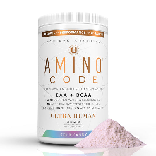 Ultra Human Amino Code | Essential Amino Acids + BCAAs + Coconut Water Electrolytes | Fast Hydration Workout Recovery Flavored Amino Energy Powder Drink | Clean Formula, 40 Servings - Sour Candy