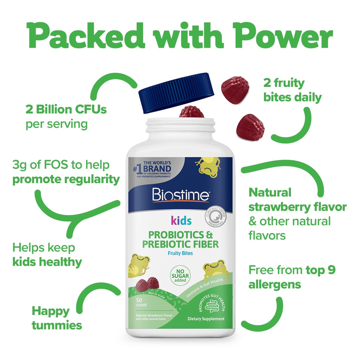 Biostime Kids Probiotic & Prebiotic Fiber Fruity Bites (Ages 4+)| Probiotics for Kids | Includes FOS to Support Digestive Health| No added sugar gummies |Free from Top 9 Allergens |50 Count