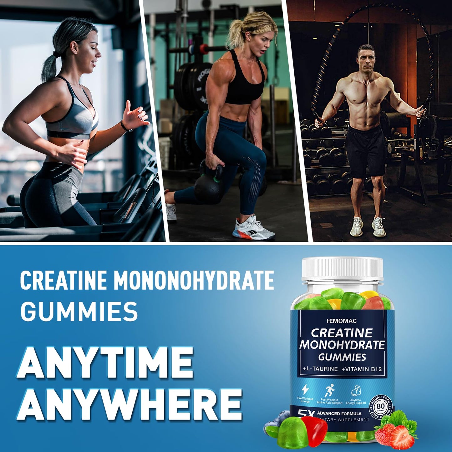Creatine Monohydrate Gummies 5g for Men & Women, 160 Count Creatine Gummies for Muscle Strength, L-Taurine, Vitamin B12, Energy Boost, Workout Supplement, 2 Pack