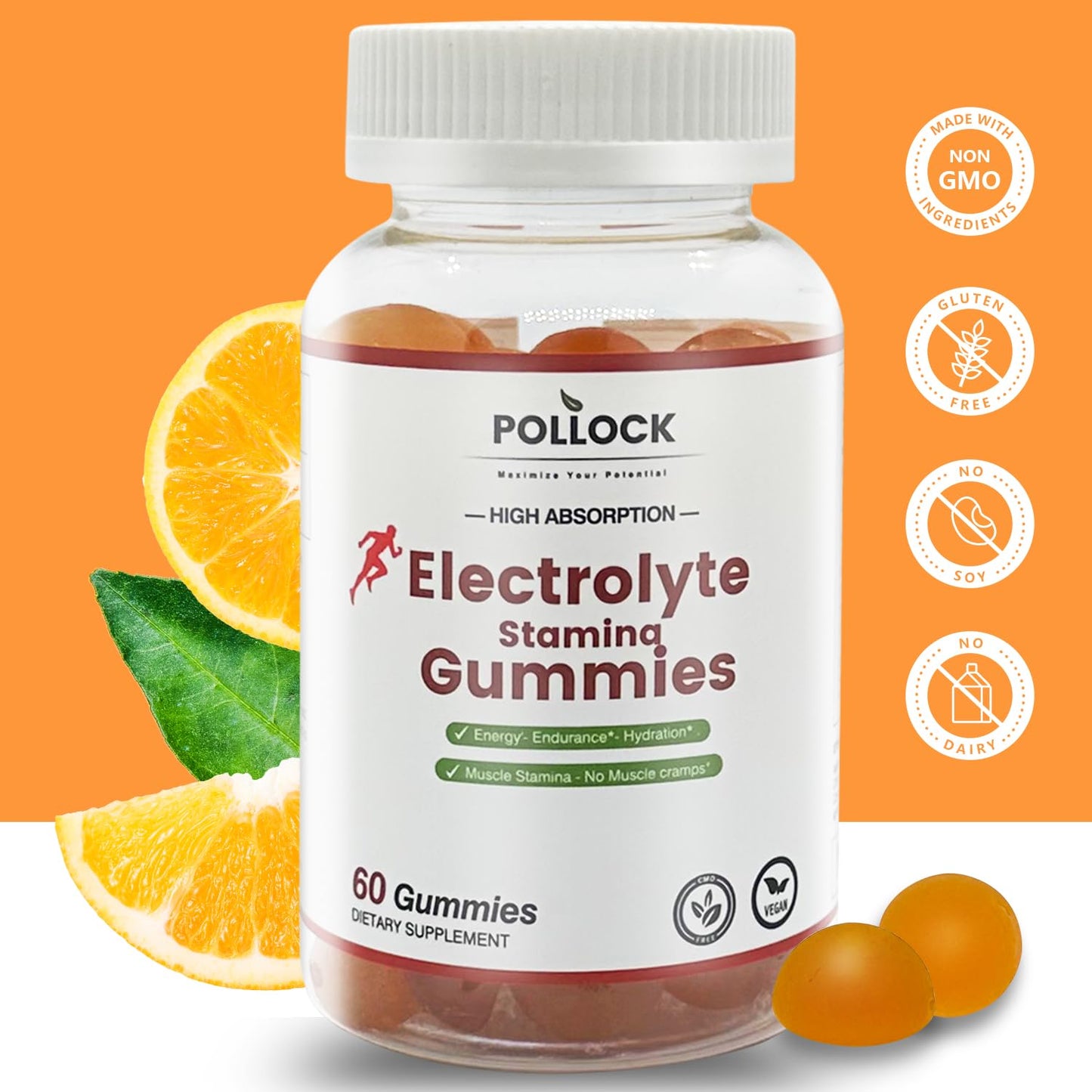 Electrolyte Gummies for Athletes - Orange Flavor, 60 Gummies for Electrolyte Replenishment, Enhanced Endurance & Musce Cramp Prevention, 2 Gummies per Serving