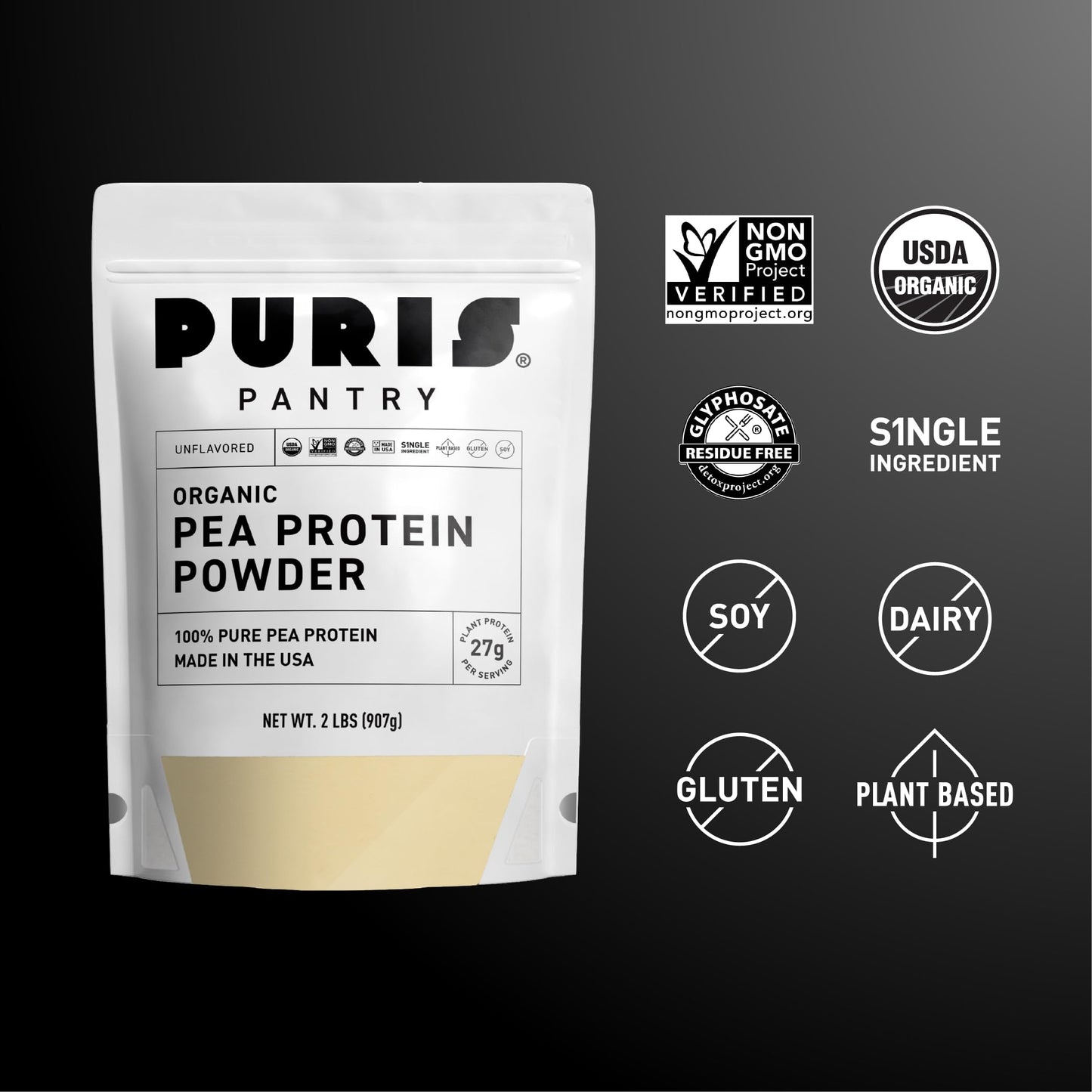 PURIS® Organic Pea Protein Powder, 100% Grown, Processed and Packed in USA, Plant Based, 2 LB Unflavored, Organic, Vegan, Gluten Free, Dairy Free, Non GMO, Keto