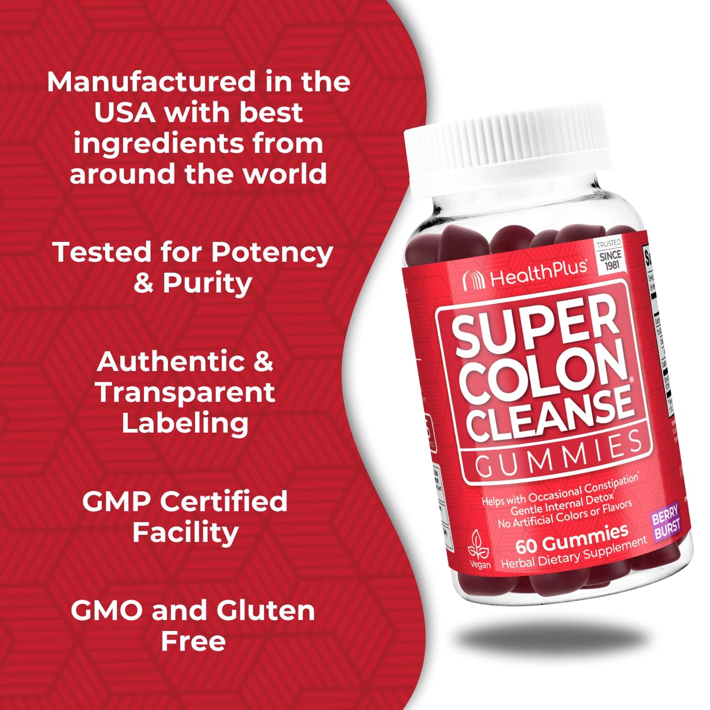 Health Plus Super Colon Cleanse Gummies 15 Day Supply of Gentle Overnight Relief from Occasional Constipation, Natural Senna Leaf Extract, Dietary Supplement, Mixed Berry Flavor, 60 Count