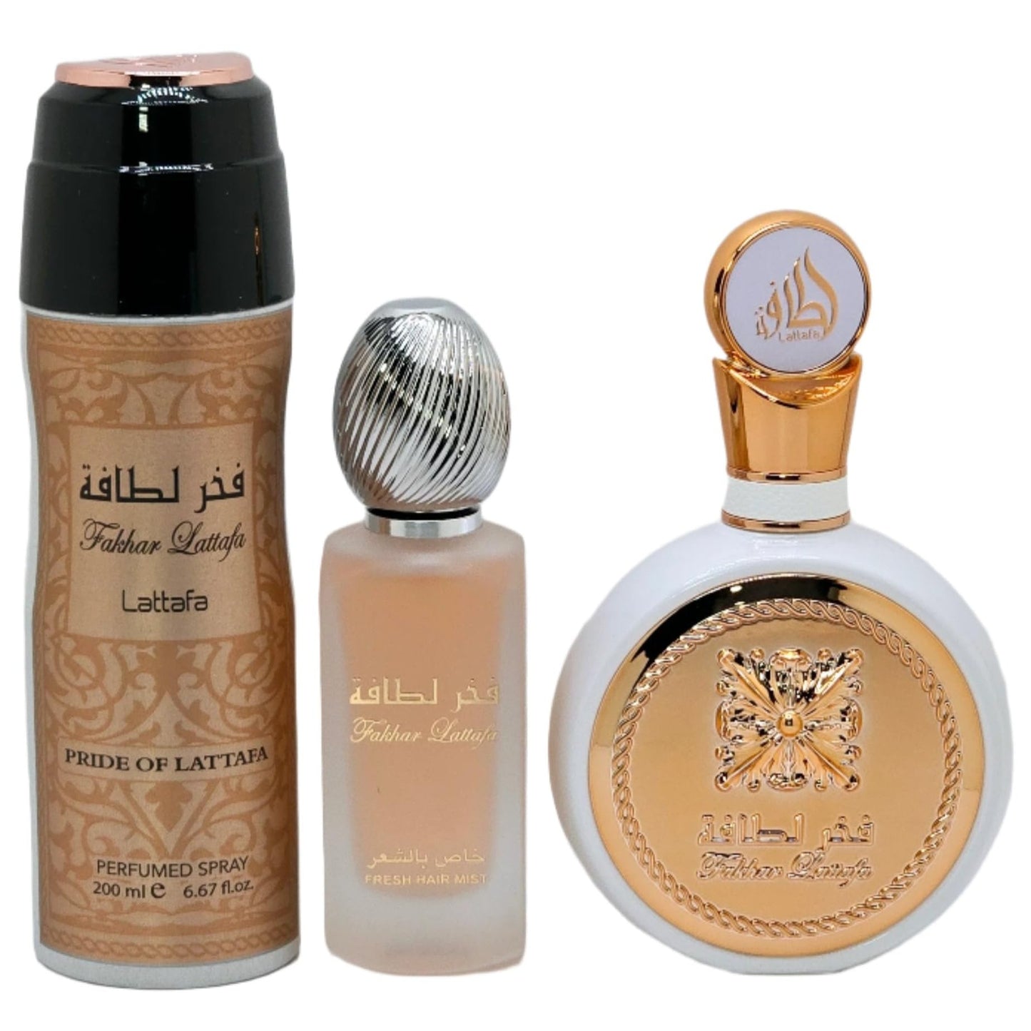 Lattafa Fakhar for Women 3 Piece Set (3.4 Oz Eau de Parfum Spray + 1.7 Oz Hair Mist + 6.7 Oz Deodorant Spray)