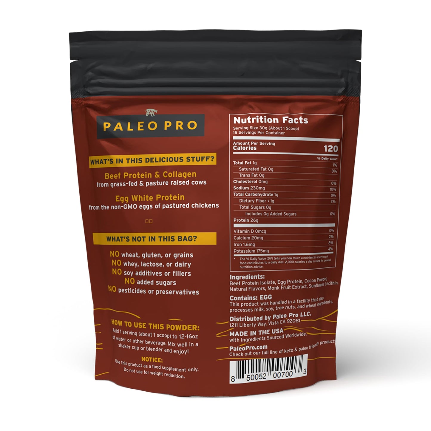 Paleo Pro Beef Protein Powder - Grass Fed Protein Powder Isolate - Pure Animal Based Pastured & Cage-Free | Dairy & Gluten Free, Natural and Clean Proteins for Paleo & Keto - 15 Days Supply (Cacao)