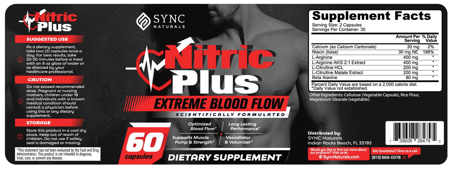SYNC Naturals Nitric Plus- 800mg L Arginine- 400mg L Citrulline- Extra Strength Nitric Oxide Pills | 30mg Niacin - High Performance Workouts | Nitric Oxide Supplements for Men and Women| 60 Count