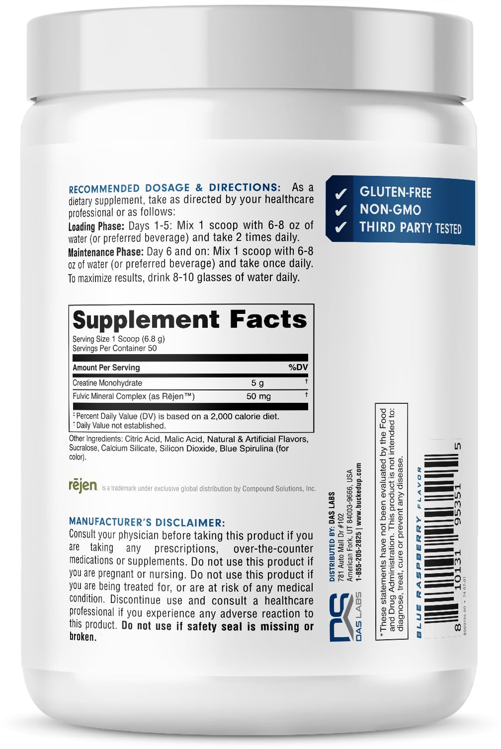 Bucked Up Blue Rasberry Creatine for Women and Men - Easy to Mix Vegetarian - Flavored Creatine Monohydrate Powder - Made in USA - 5G Per Serving - 50 Servings - 250 Grams Per Container