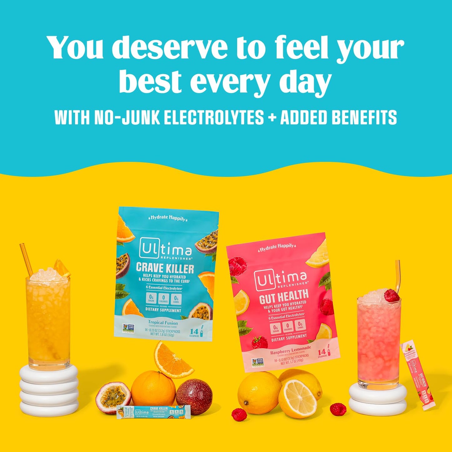 Ultima Replenisher Crave Killer Supplement and Electrolytes Powder - Tropical Fusion, 14 Stickpacks - Hydration Packets That Kick Cravings to The Curb