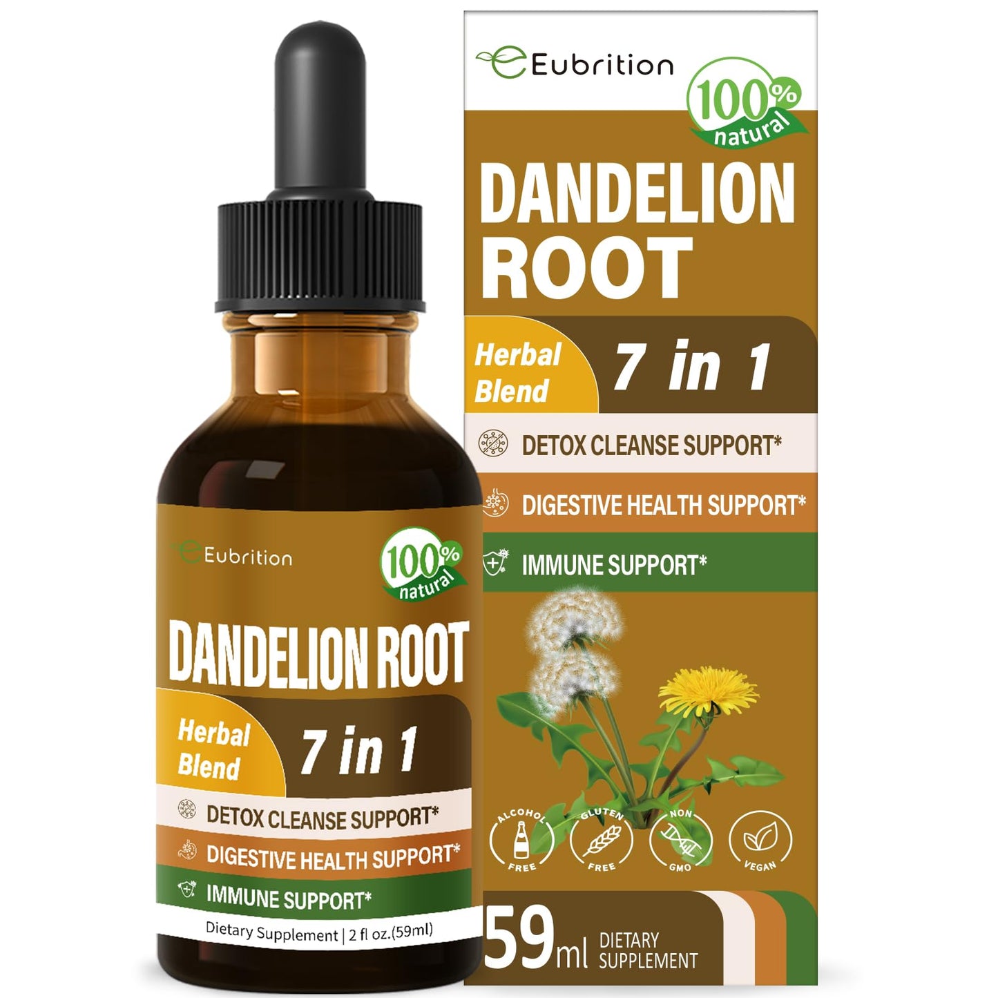 Eubrition Herbal Liquid Drops, Natural Dandelion Root Burdock Licorice Extract Support Detox Cleanse, Digestive Health & Immunity. 2oz