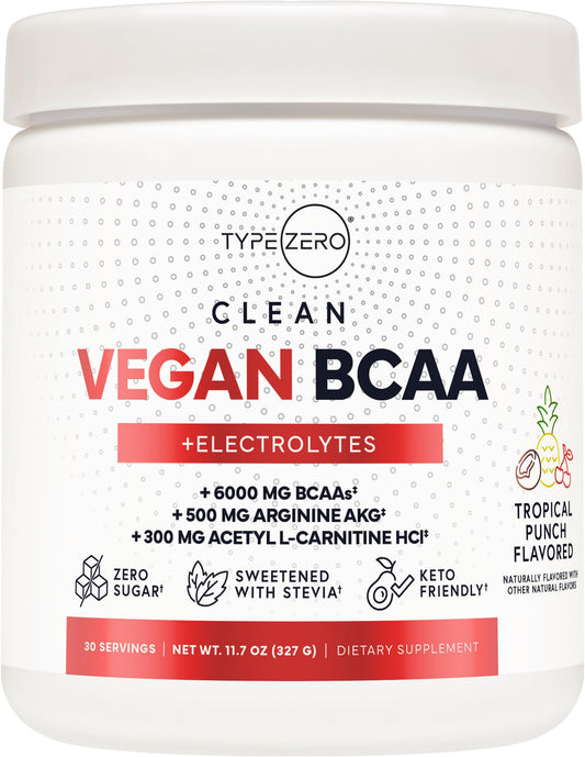 Type Zero Ultra Clean Vegan BCAA Powder + Electrolytes (Hawaiian Punch | 6G) 2:1:1 Sugar-Free/No Sucralose BCAAs Amino Acids Supplement for Women/Men - Best BCAA Vegan Amino Acids After Workout Drink