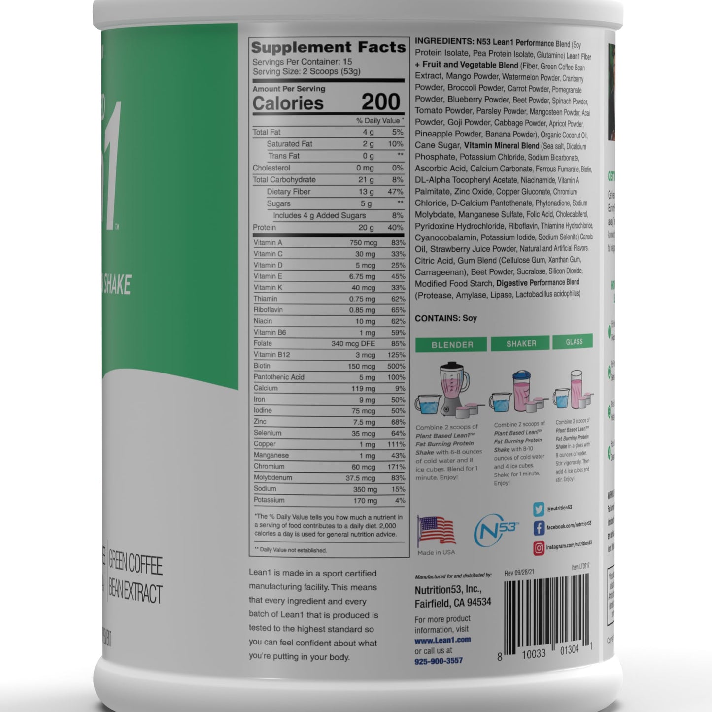 LEAN1 Nutrition53 Meal Replacement Powder for Weight Loss, Fat Burner, Appetite Control, Plant Based Strawberry (28 Ounce)