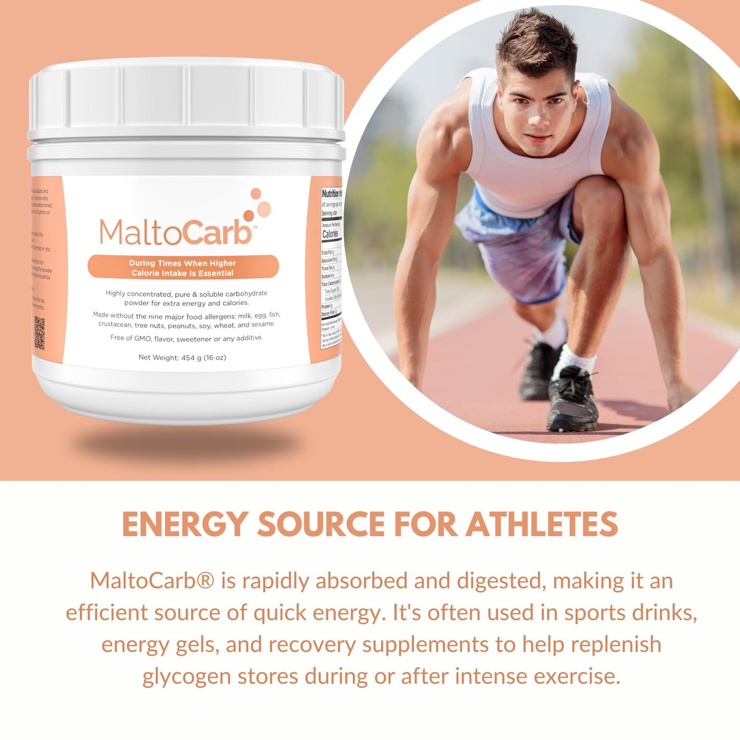MaltoCarb Maltodextrin Powder - Carbohydrate Powder for Sustained Energy, High-Calorie, Fast-Absorbing, Gluten-Free, Plant-Based, Ideal for Recovery, Weight Gain, Athletes & Dietary Support- 454g
