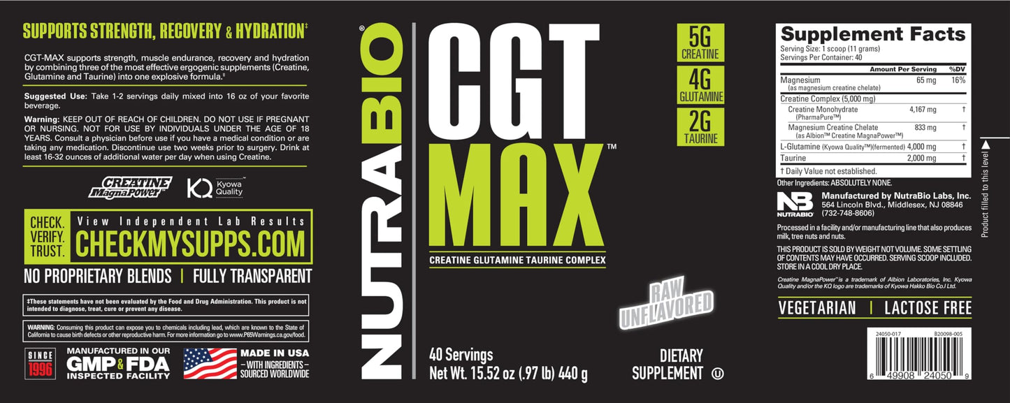 NutraBio CGT-MAX Powder- Creatine, Glutamine and Taurine to Support Muscle Recovery and Strength - 40 Servings - Unflavored