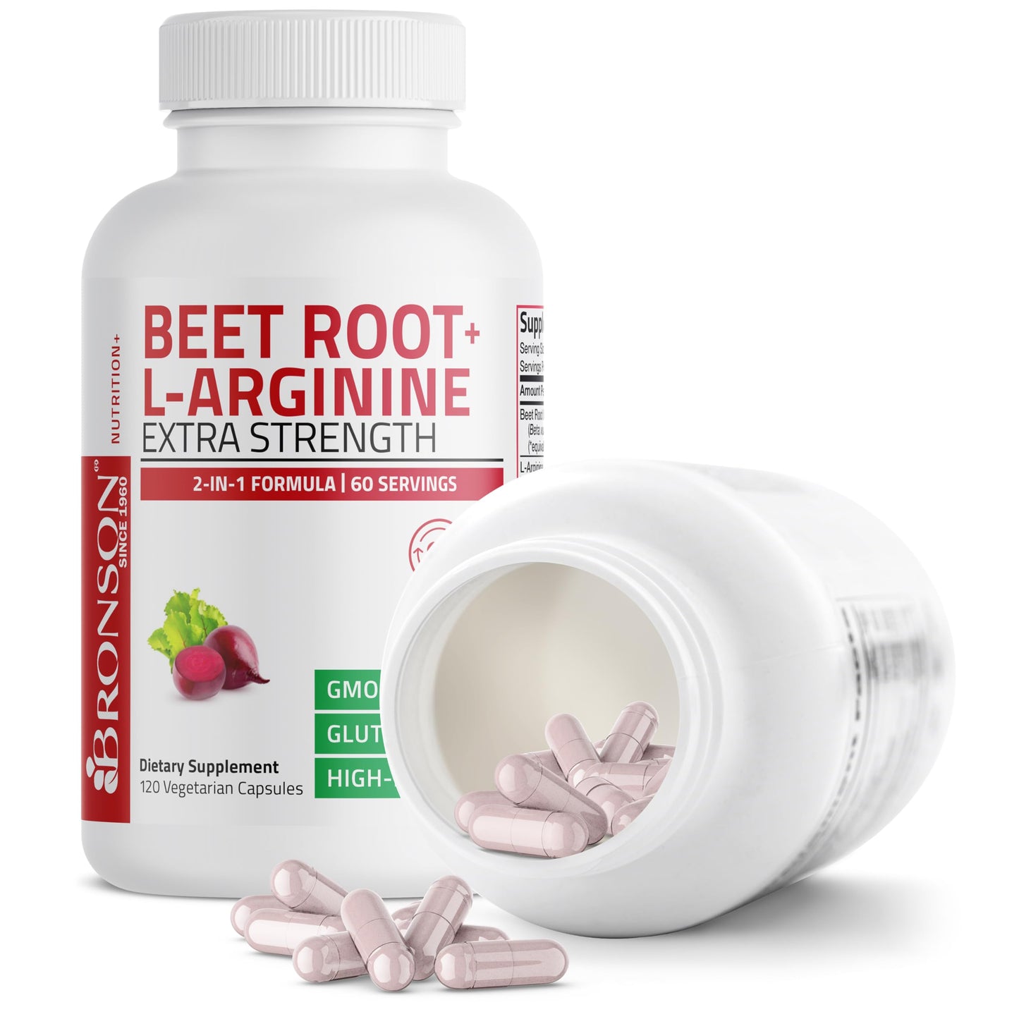 Bronson Beet Root + L-Arginine Nitric Oxide Production- Non-GMO, 120 Vegetarian Capsules