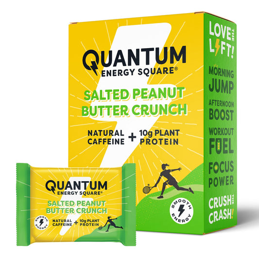 Quantum Energy Square - Energy Bar with Caffeine & 10g Protein - Healthy Snack On the Go - Vegan, Gluten, Soy & Dairy-Free, Salted Peanut Butter 8Pack