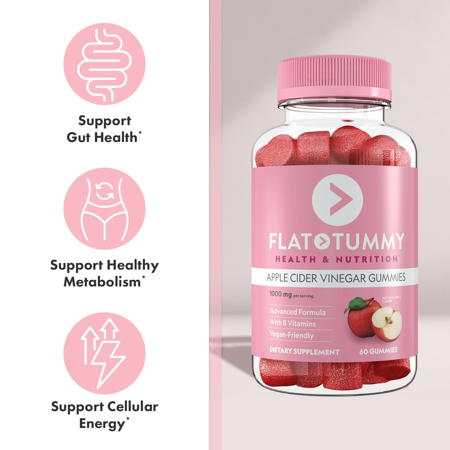 Flat Tummy Apple Cider Vinegar Gummies, 60 Count - ACV Gummies, Detox, Support Gut Health - Vegan-Friendly, Non-GMO - Beet and Pomegranate Superfood Powders, Vitamins B6, B9 & B12