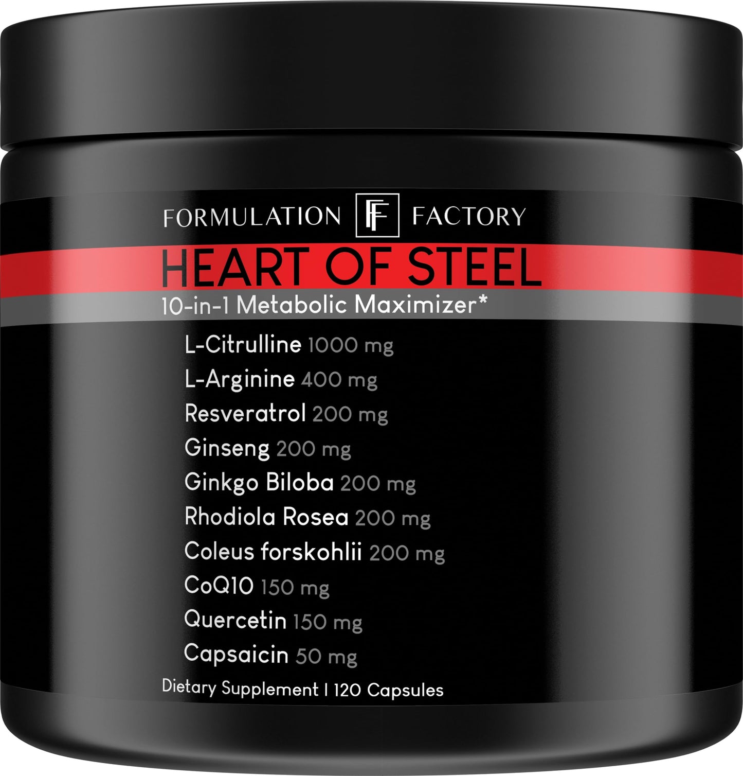 Formulation Factory Heart of Steel: 10-in-1 Metabolic Maximizer Nitric Oxide Supplement, Blood Pressure Support, L Arginine, L Citrulline Natural Pre-Workout: Energy Management 120 Count