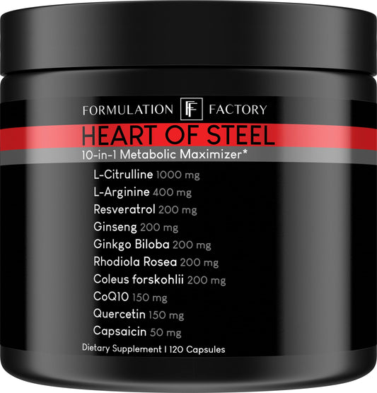 Formulation Factory Heart of Steel: 10-in-1 Metabolic Maximizer Nitric Oxide Supplement, Blood Pressure Support, L Arginine, L Citrulline Natural Pre-Workout: Energy Management 120 Count