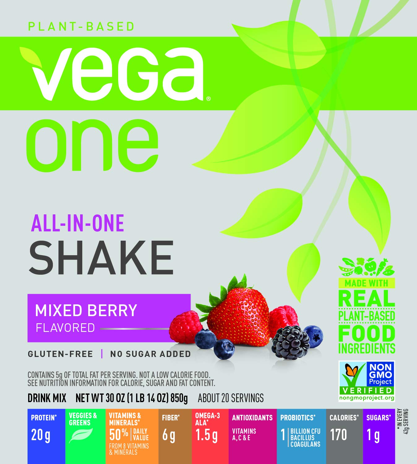 Vega One All-In-One Nutritional Shake Berry (20 Servings) - Plant Based Vegan Protein Powder, Non Dairy, Gluten Free, Non GMO, 30 Ounce (Pack of 1)