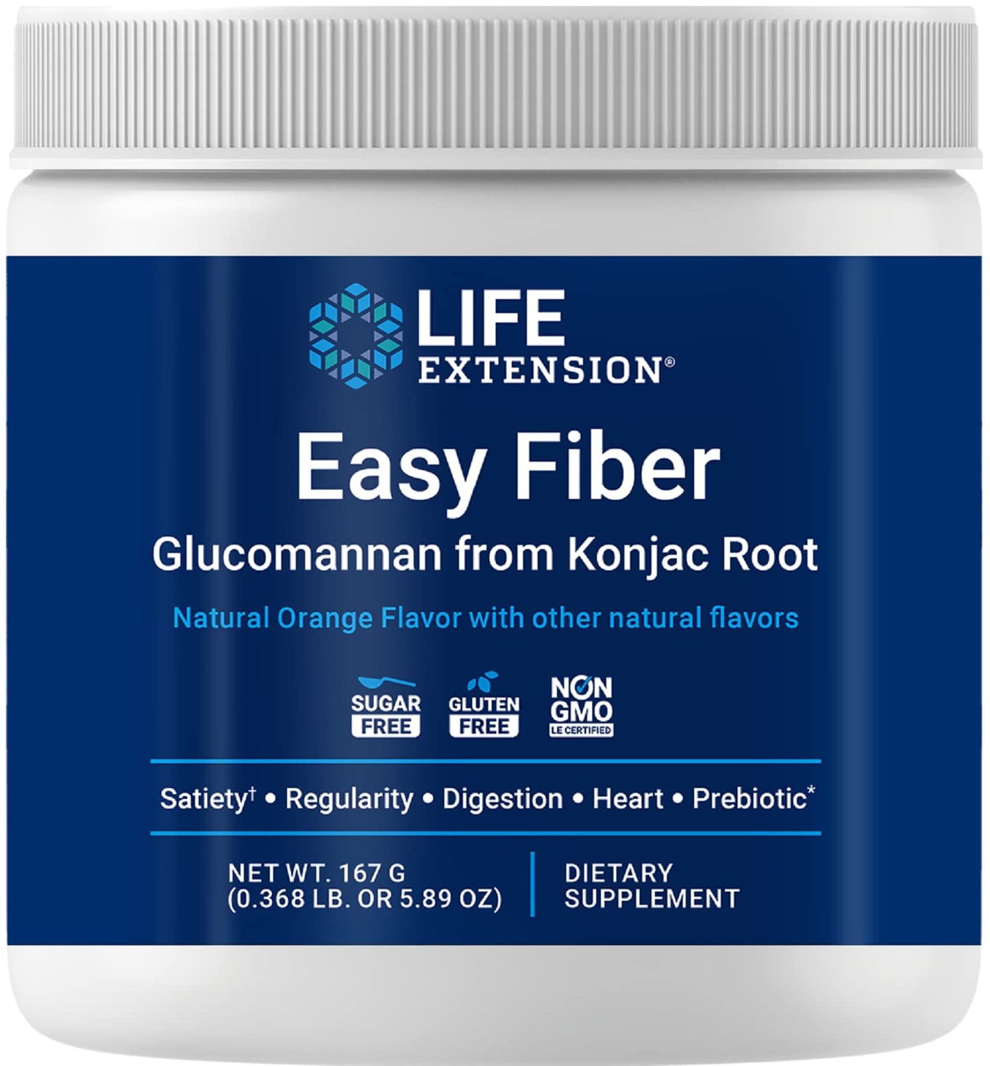 Life Extension Easy Fiber - Glucomannan Fiber, Regularity, Digestion, Heart Health, No Artificial Sweeteners, Vegetarian, Non-GMO, Gluten Free, Sugar Free, Net Wt. 167 G (0.368 Lb. Or 5.89 Oz)