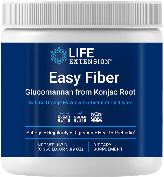 Life Extension Easy Fiber - Glucomannan Fiber, Regularity, Digestion, Heart Health, No Artificial Sweeteners, Vegetarian, Non-GMO, Gluten Free, Sugar Free, Net Wt. 167 G (0.368 Lb. Or 5.89 Oz)