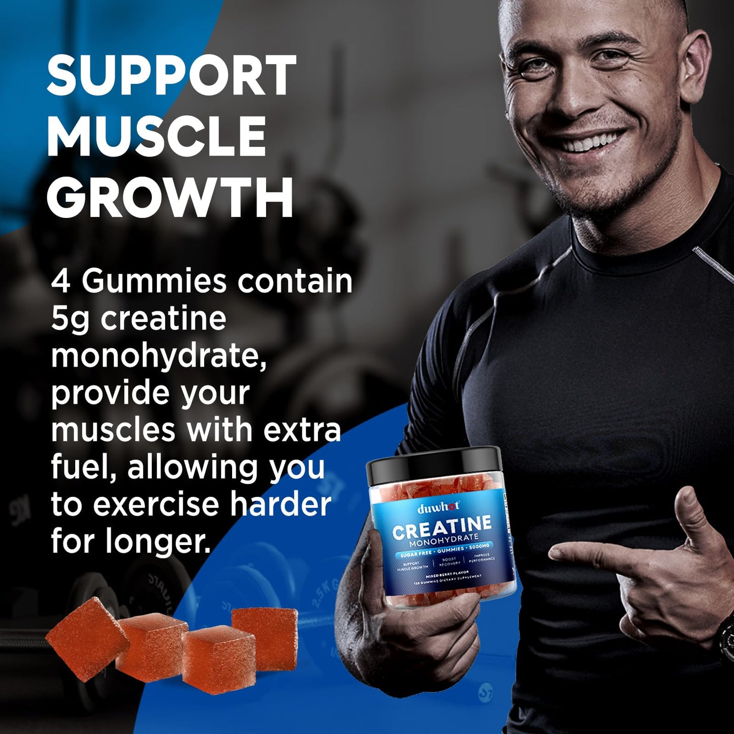 duwhot Creatine Monohydrate Gummies for Men, Creatine Monohydrate 5g Chewables for Muscle Growth & Recovery, Vegan, Sugar Free, Mixberry Flavor, 120 Count