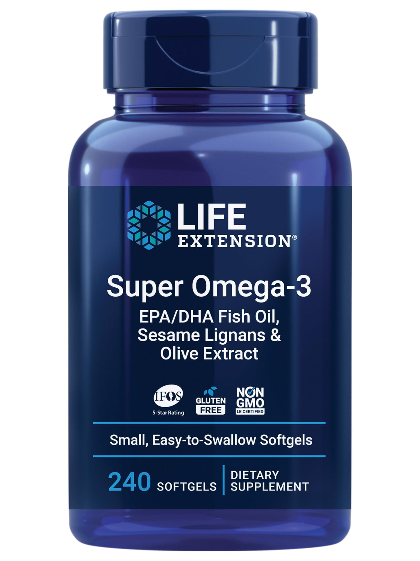Life Extension Super Omega-3 EPA/DHA Fish Oil, Sesame Lignans & Olive Extract - Heart Health, Brain Health, Inflammation Health Support, Gluten-Free, Easy to Swallow, Non-GMO, 240 Softgels