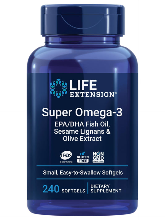 Life Extension Super Omega-3 EPA/DHA Fish Oil, Sesame Lignans & Olive Extract - Heart Health, Brain Health, Inflammation Health Support, Gluten-Free, Easy to Swallow, Non-GMO, 240 Softgels
