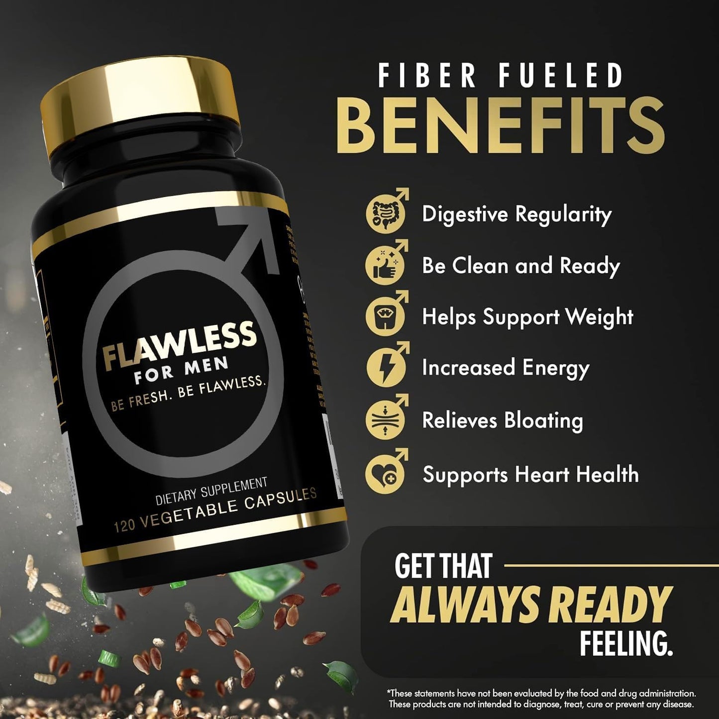 FLAWLESS FOR MEN USA'S Most Fiber Rich Supplement 120 Capsules Mega Dose 3000mg Blend Psyllium Husk, Aloe Vera, Chia Seed & Flaxseed Powder Gut Health, Cleanliness, Constipation