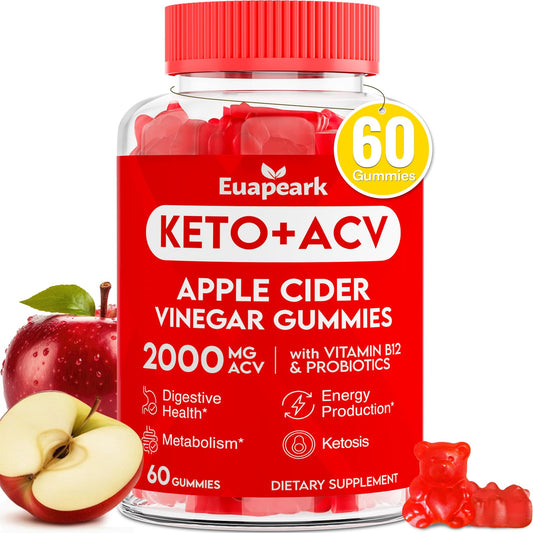 Apple Cider Vinegar Gummies, Keto ACV Gummies with Probiotics, Vitamin B12 & Keto Support, 2000 mg ACV with Mother for Digestion, Metabolism, Cleanse & Detox Diet, Vegan, Low Sugar, 60 Counts