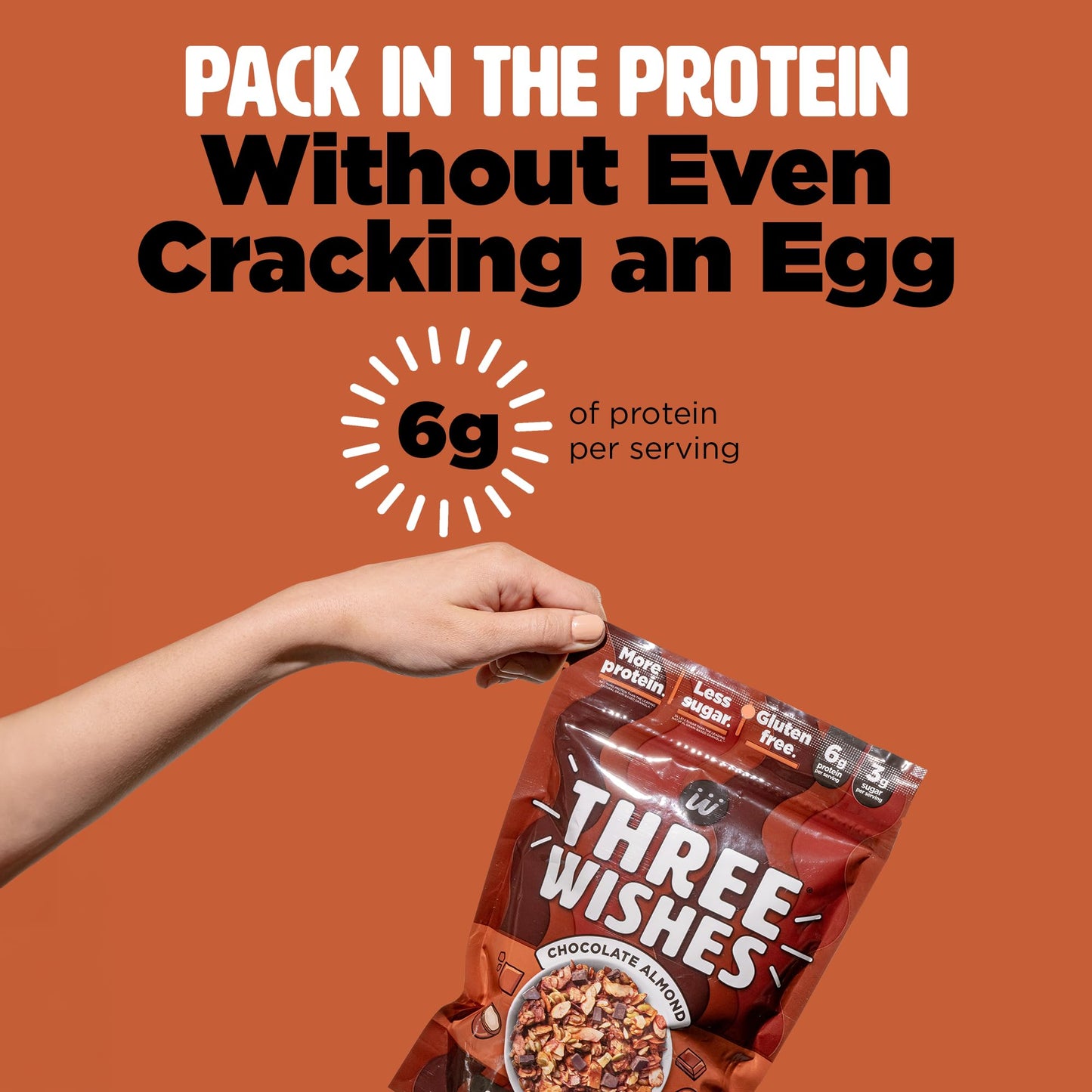 Three Wishes Granola Chocolate Almond 4Pack  Gluten Free Granola 6g Protein  3g Sugar Healthy Breakfast  OntheGo Snack  Vegan Kosher  GrainFree