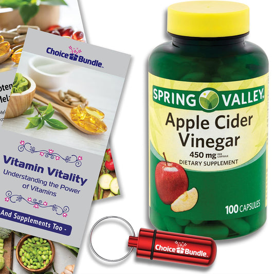 Choice Bundle Spring Valley Apple Cider Vinegar Capsules 450 mg 100 Ct Plus Vitamin Guide and Pill Container (3 Items)!