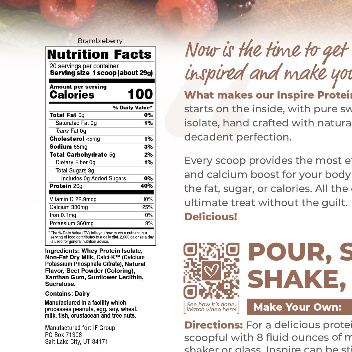Bariatric Eating Inspire Bramble-Berry 20g Whey Protein Isolate Powder with Calcium