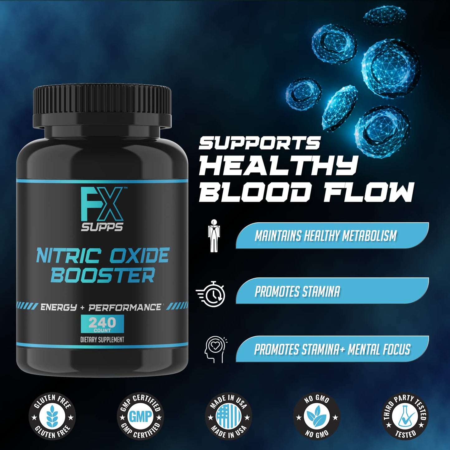 FX SUPPS Nitric Oxide Booster | Bodybuilding Pre Workout Pills for Men and Women (2 Pack of 240 Capsules) Boost Energy Pump & Vascularity | Muscle Builder Supplement with Arginine, Best for Athletes