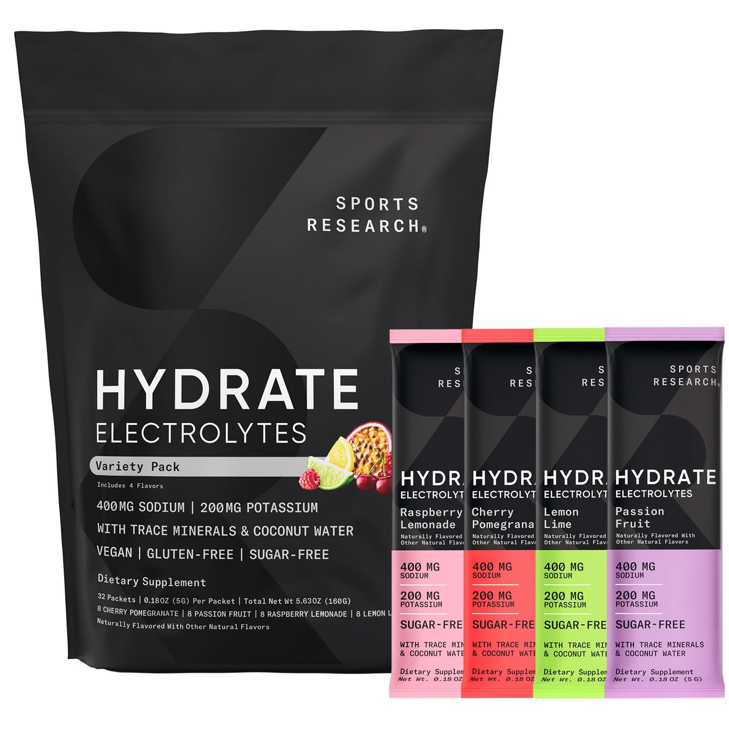 Sports Research® Hydrate Electrolytes Powder Packets - Sugar-Free & Naturally Flavored with Vitamins, Minerals, and Coconut Water - Supports Hydration - 16 Packets - Variety Pack