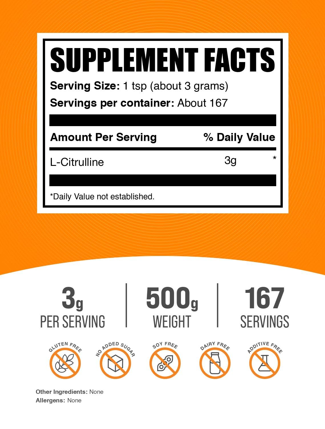 BulkSupplements.com L-Citrulline Powder - Citrulline Supplement, Nitric Oxide Supplement - Unflavored & Gluten Free - 3g per Servings, 500g (1.1 lbs) (Pack of 1)