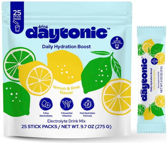 DRINK DAYTONIC Hydration Powder Electrolytes, 25 Servings | Vitamins C, B12 & B6, Niacin, 480mg Sodium & More | Low Calorie & Aspartame-Free Electrolyte Drink Mix | Lemon Lime IV Hydration Packets