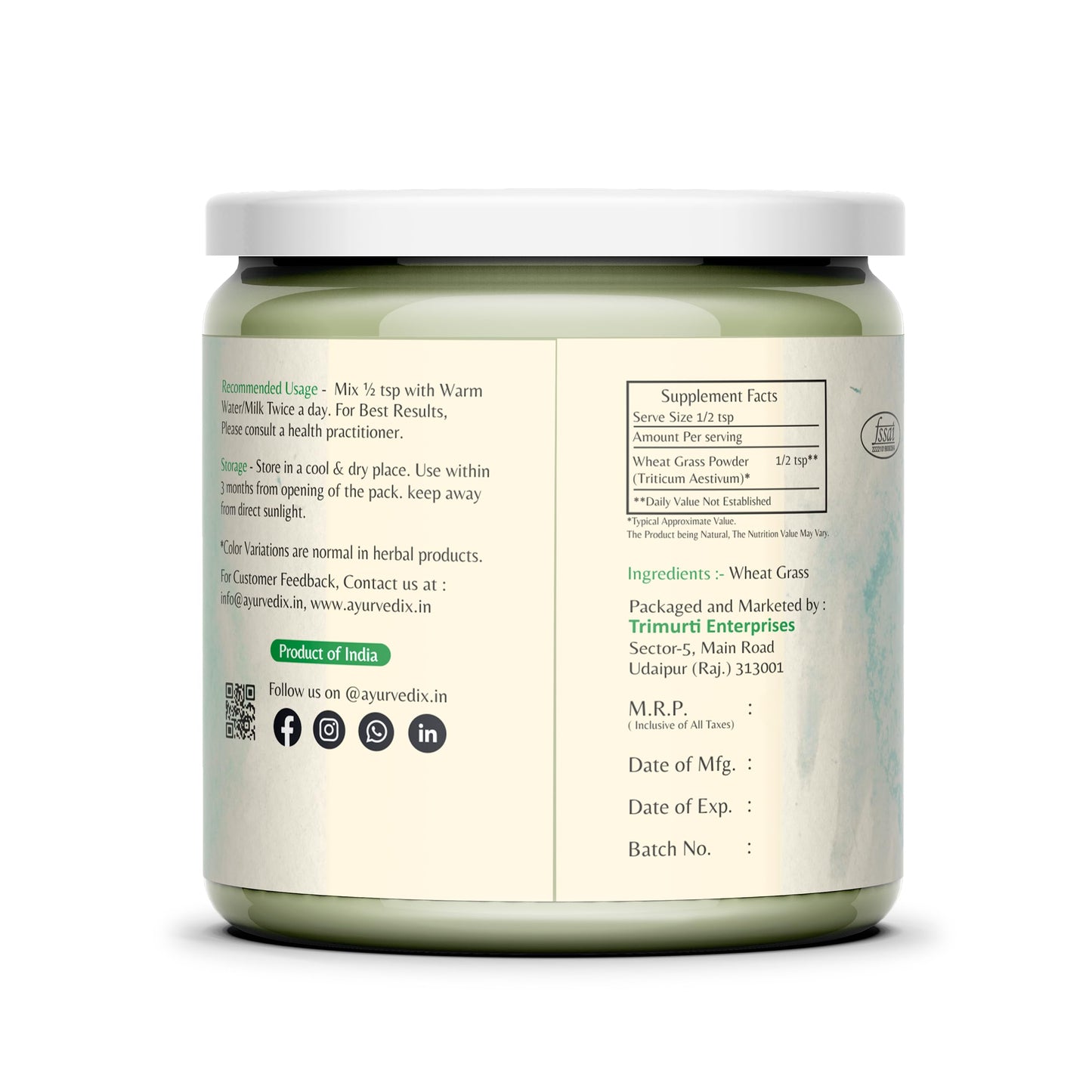 ayurvedix Organic Wheat Grass Powder - Pure Superfood Supplement for Detox and Immune Support - 100 Grams Pack of 1