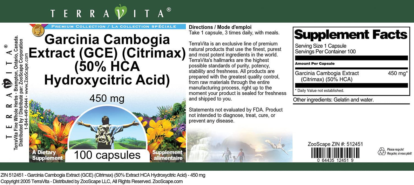 Garcinia Cambogia Extract (GCE) (Citrimax) (50% HCA Hydroxycitric Acid) - 450 mg (100 Capsules, ZIN: 512451)