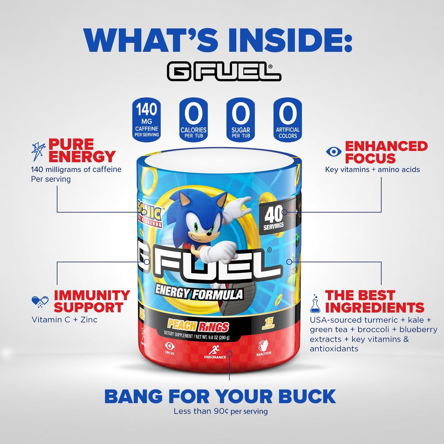 G Fuel Sonic Energy Drink Powder, Pre Workout Caffeine Mix for Gaming, Sugar Free Focus Amino, Vitamin + Antioxidants, 9.8oz (Peach Ring Candy, 40 Servings)