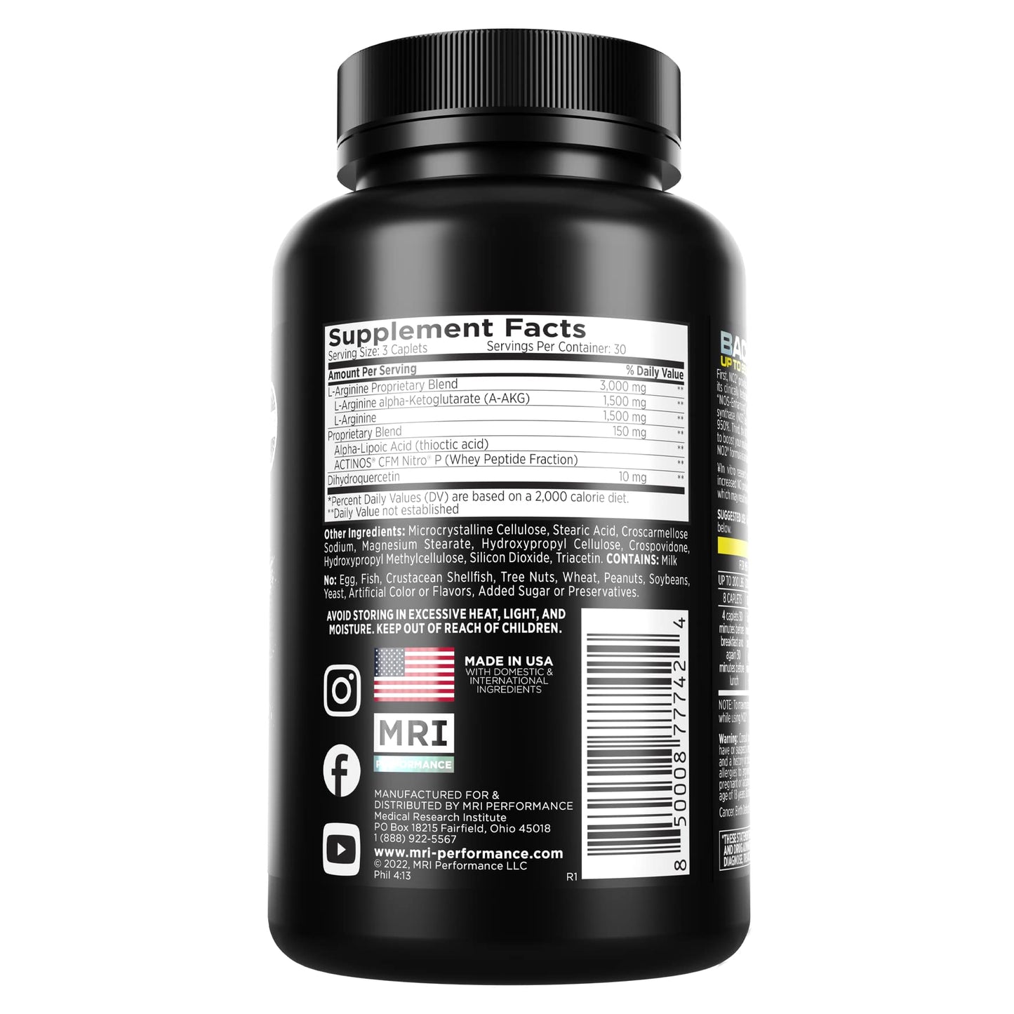 MRI Performance NO2 Nitric Oxide Original Formula All Day Perpetual Pump, Stim-Free Pre-Workout, N.O. Booster with L-Arginine Alpha Ketoglutarate AAKG, Power, Strength, Lean Muscle Mass & Vascularity