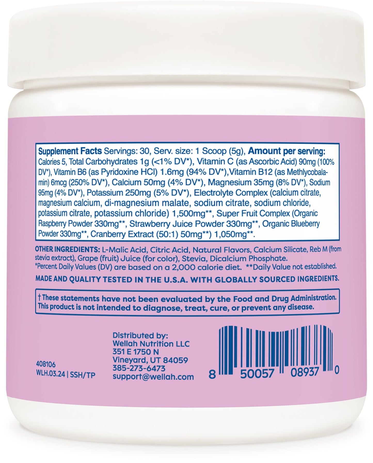 Wellah Splish Splash Hydration Electrolyte Drink Mix (Blueberry Pomegranate Flavored, 30 Servings)
