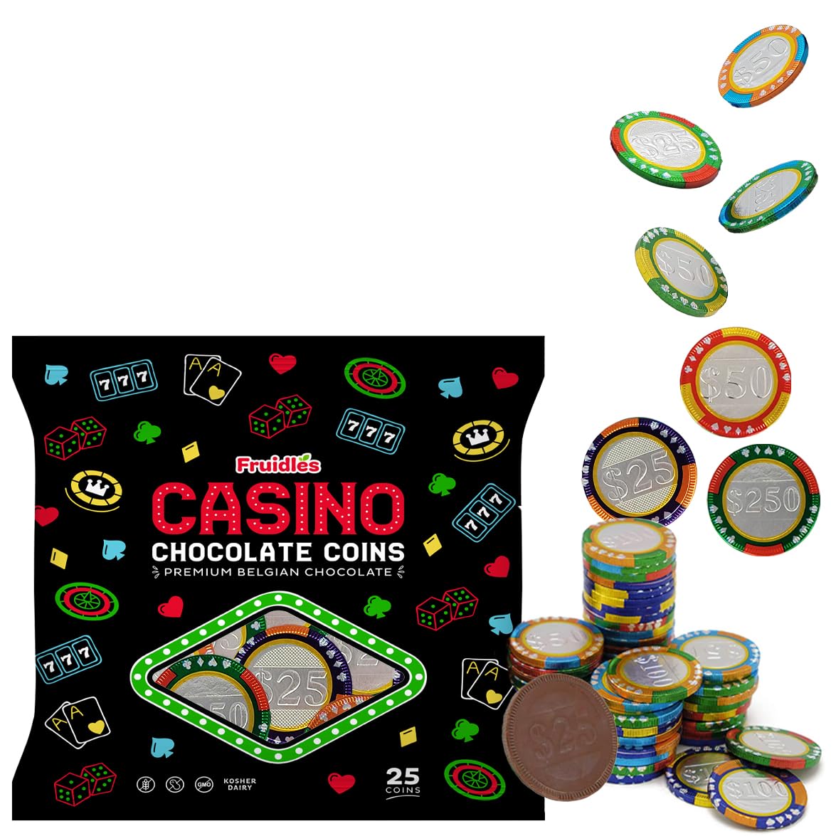 Fruidles Casino Poker Chips Belgian Milk Chocolate Coins Kosher Certified Dairy Non GMO 25Pack