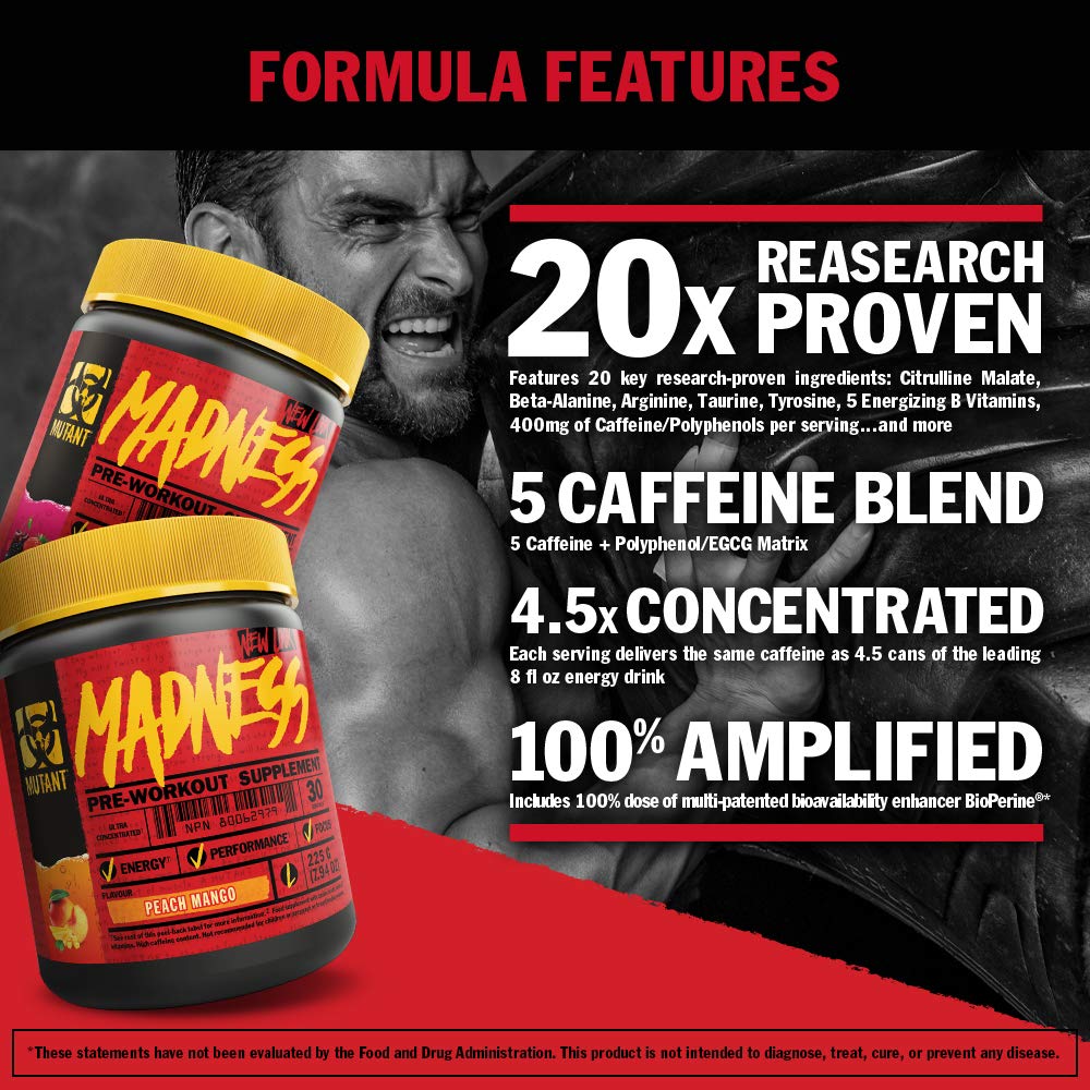 MUTANT MADNESS - Redefines the Pre-Workout Powder Experience and Takes it to a Whole New Extreme Level, Engineered Exclusively for High-Intensity Workouts (225 g), Peach Mango