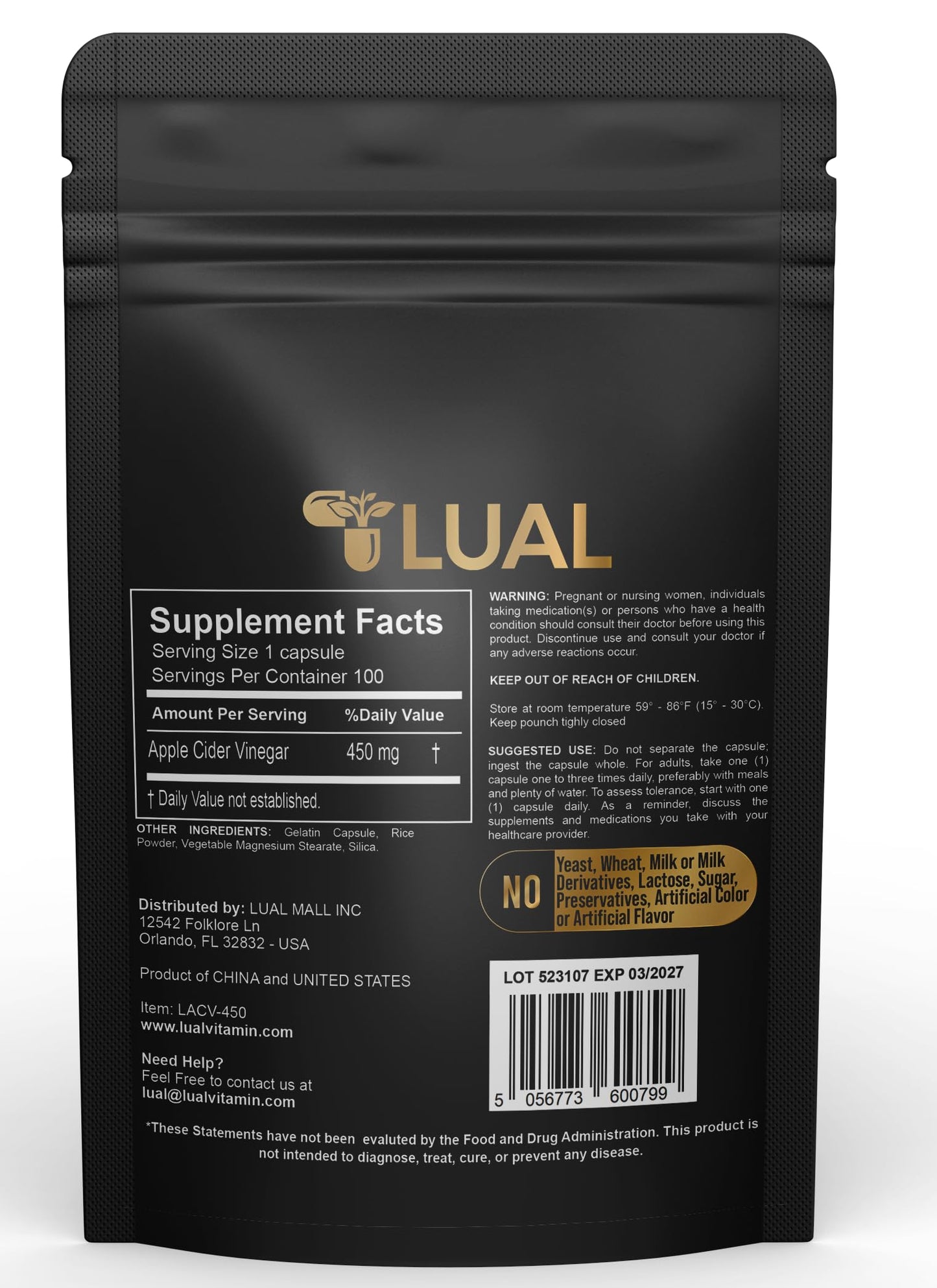 LUAL Apple Cider Vinegar Capsules Apple Cider Vinegar Capsules 450 mg 100 Count