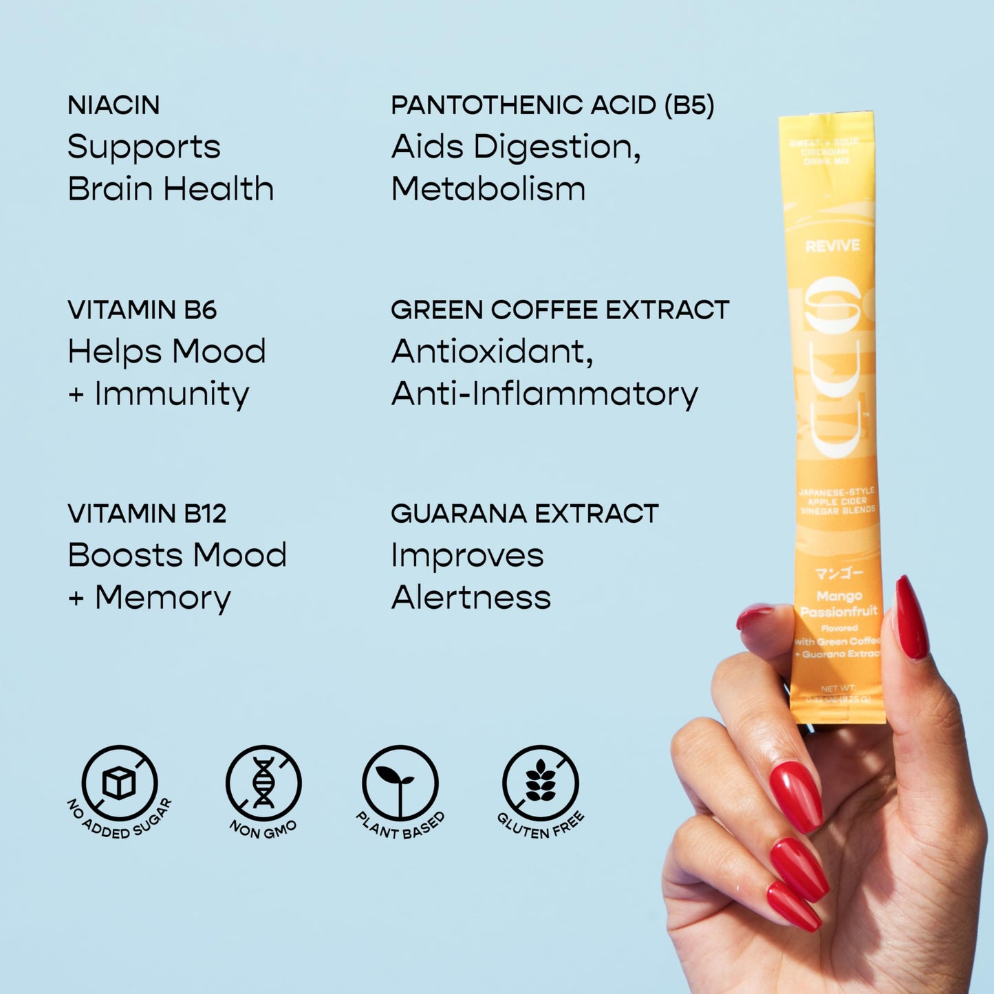 Natural Energy Support Hydration Powder Packets - Natural Caffeine (100 mg) Green Coffee Guarana Extract Vitamin B6 B12 Drink Mix - Electrolytes Apple Cider Vinegar, Japanese Gut Health (Revive, 30ct)