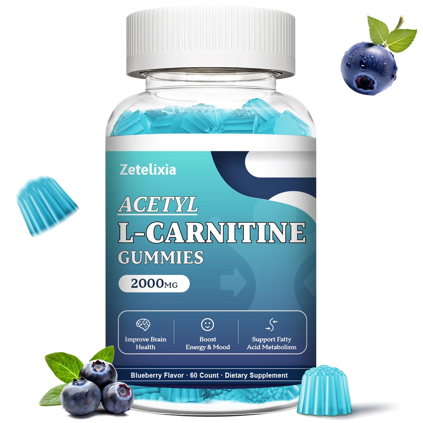 Zetelixia Acetyl L-Carnitine Gummies, L-Carnitine Supplement for Women & Men, with Vitamin C & B12, ALCAR for Energy, Brain & Heart Health Support, Vegan, Non-GMO, Sugar Free, 60 Count