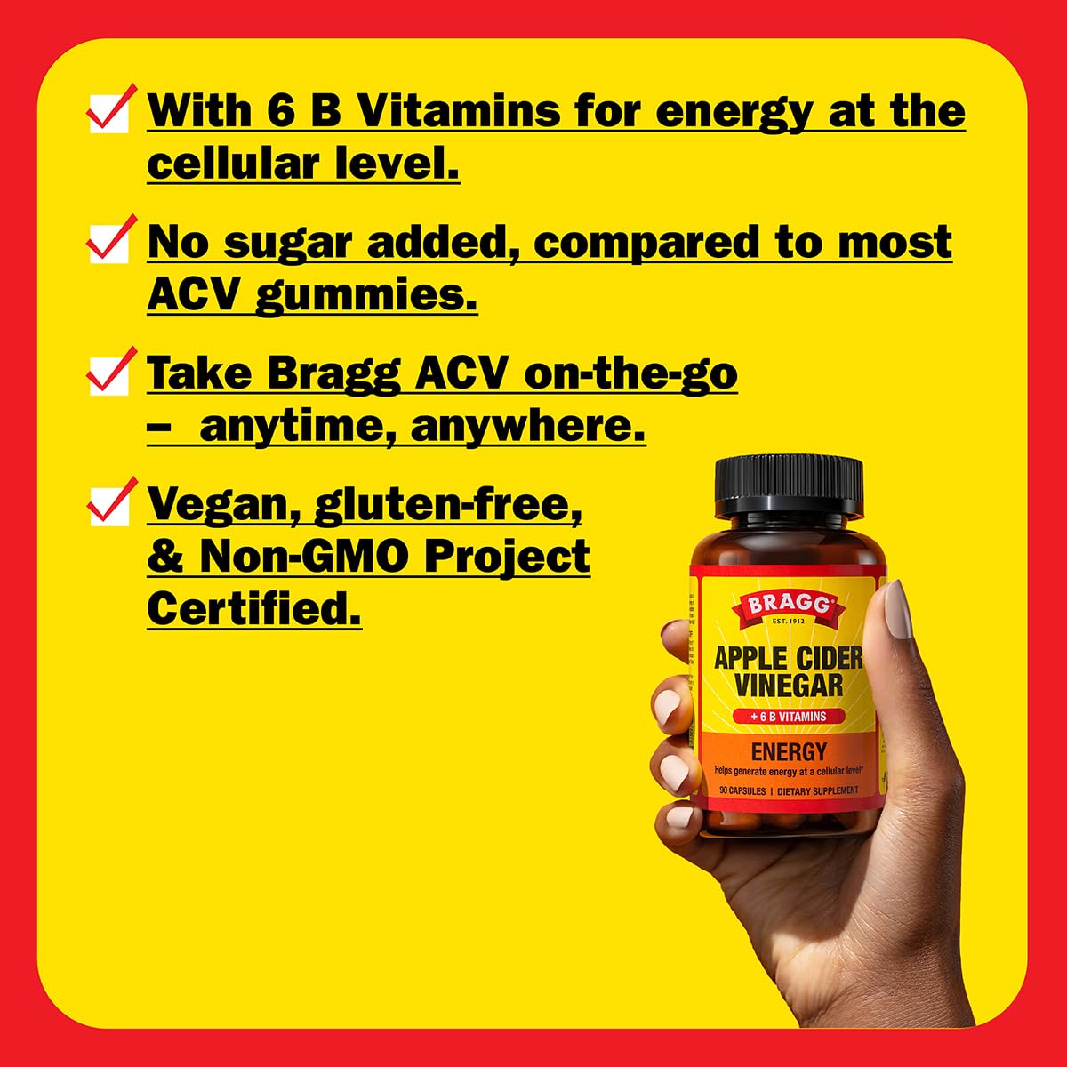 Bragg Energy Apple Cider Vinegar Capsules with B Vitamins - (2 Pack) 90 Capsules - Helps Generate Energy at Cellular Level