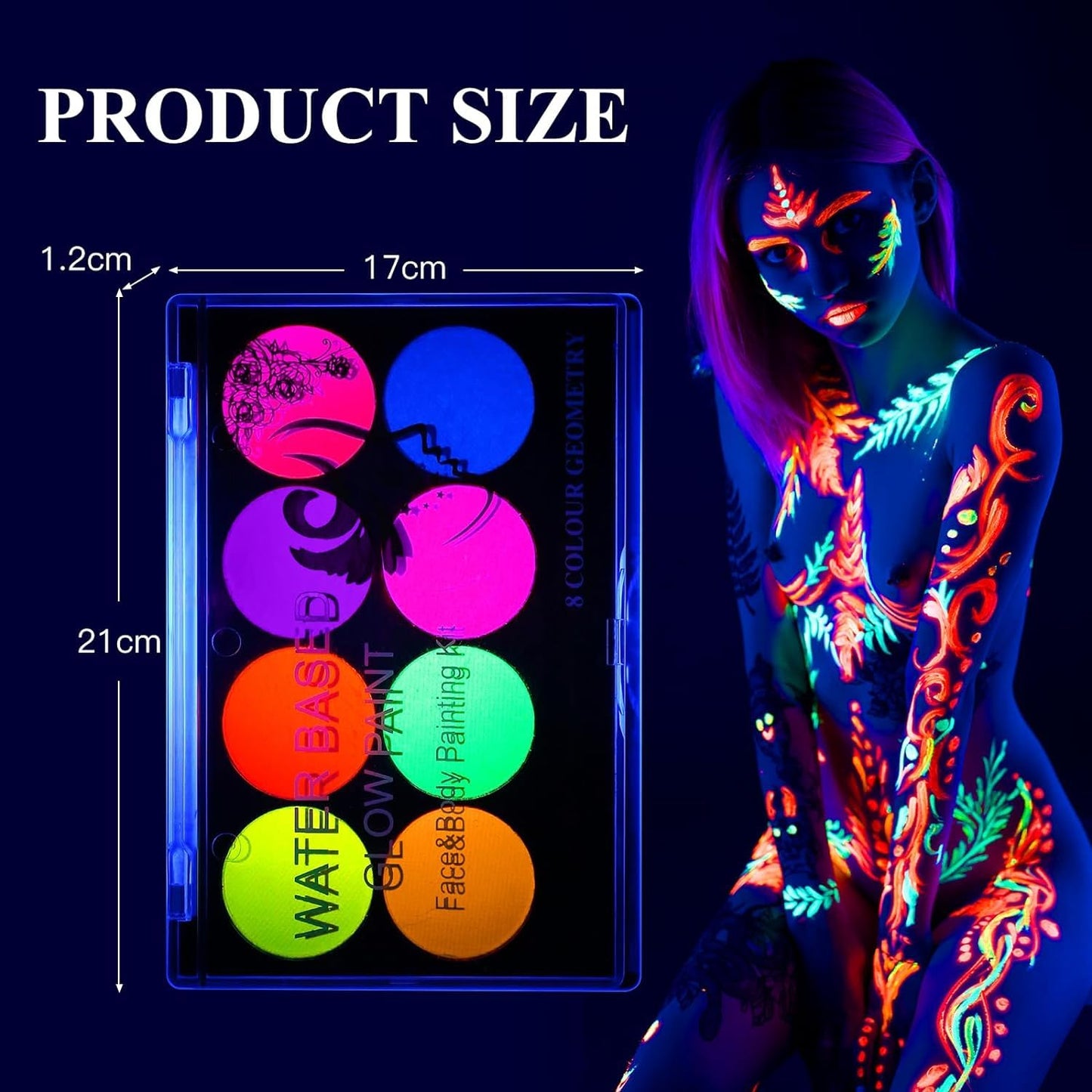"Neon UV Blacklight Glow Face & Body Paint - 8 Bright Fluorescent Colors, Water-Activated Eyeliner - Glow-in-the-Dark Halloween & Rave Makeup - Washable, Water-Based for Kids & Adults"