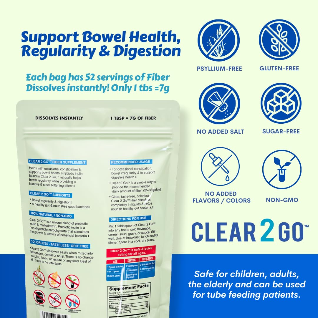 Nutritional Designs Clear 2 Go Prebiotic Inulin Fiber Supplement - All Natural Sugar & Gluten Free Dietary Fiber - Bowel Regularity & Digestive Health for Men & Women (Easy Powder)